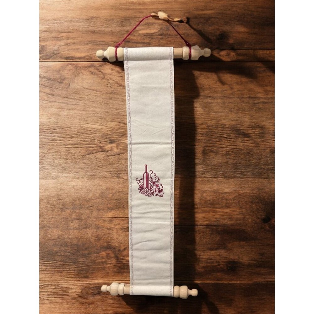 Wine-Themed Embroidered Scroll Wall Hanging With Wooden Rods & Red Cord